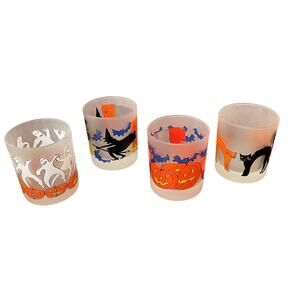 Halloween Frosted Glasses Lowball Dartington Bar Party Witch Cats Bats Ghost